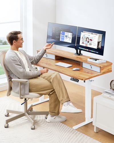 HUANUO 48″ x 24″ Electric Standing Desk with 2 Drawers, C-Clamp Mount Compatible, Height Adjustable Computer Desk, Home Office Stand Up Desk with 4 Preset Heights & 2 Hooks, Black