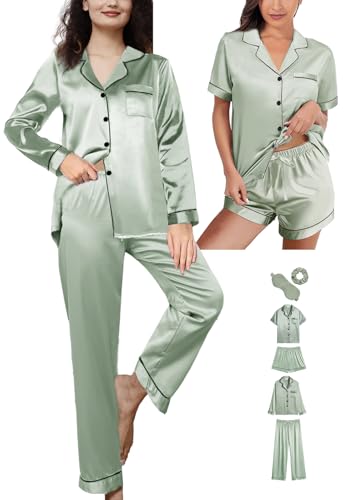 6Pcs Womens Silk Satin Pajamas Set XS-XXL Pajama Sets Pjs Set Button Down Pj Sets Sleepwear Loungewear