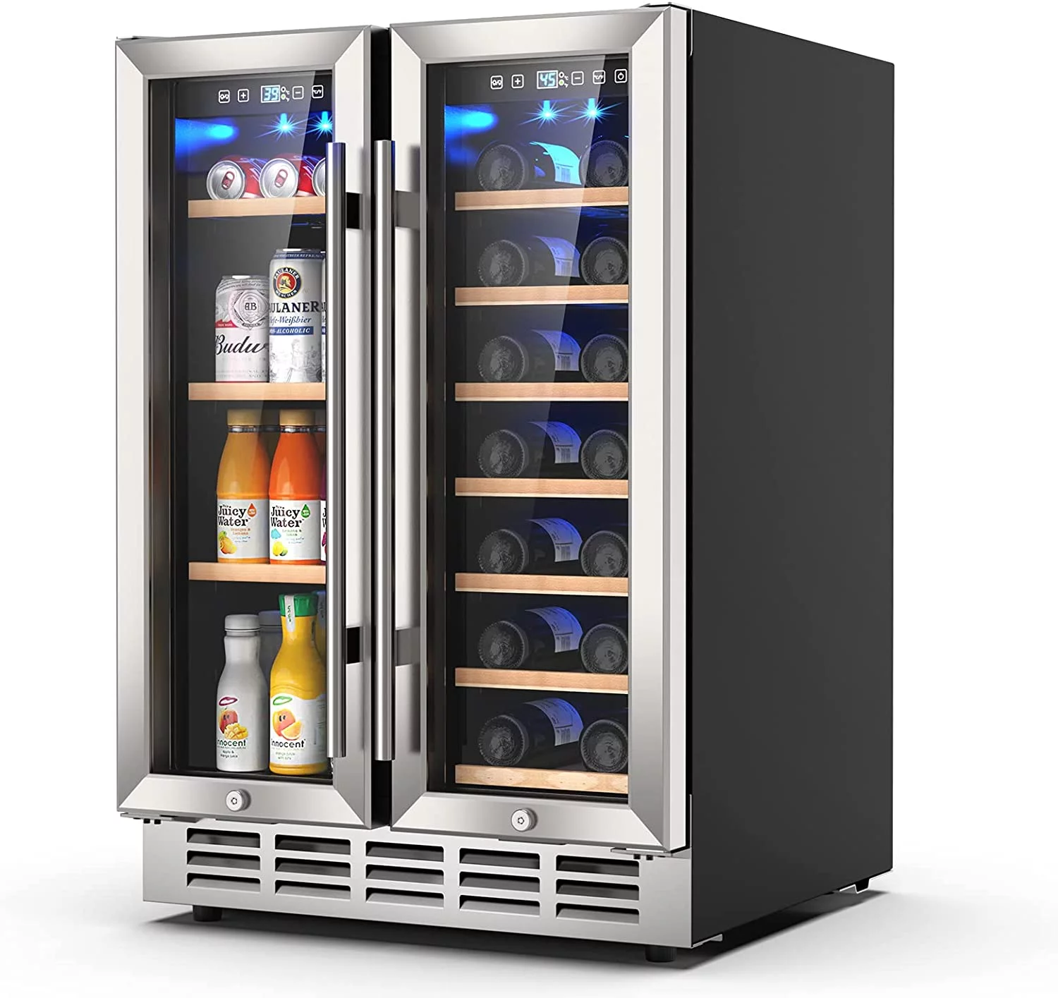 Rocita Dual Zone Wine Cooler Beverage Refrigerator, 24 inch Wine Coolers Fridge Side by Side Refrigerator Glass Fridge with Safety Locks for 20 Bottles and 57 Cans
