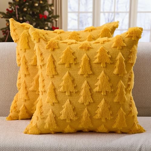 DFXSZ Christmas Tree Pillow Covers 18x18 inch Set of 2 Christmas Decoration Beige Soft Plush Faux Fur Jacquard Throw Pillows for Bedroom Sofa Holiday Festivals Winter Home Decor PTK006C18