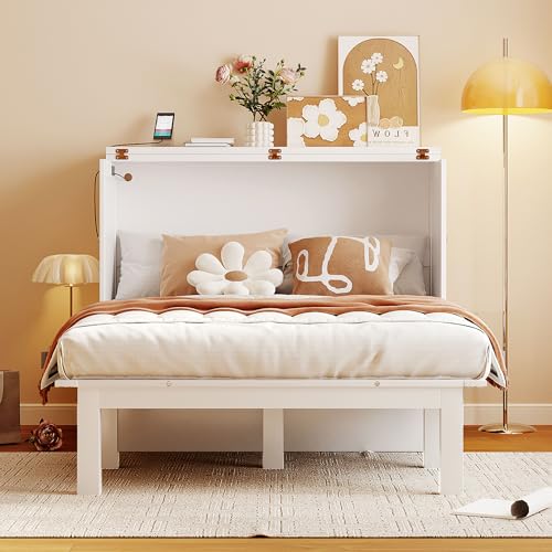 Full Size Murphy Bed with Desk,USB Port,and removable Shelves on Each Side, Full Platform Bed Wood Frame, for Guest Room Home Office (White)