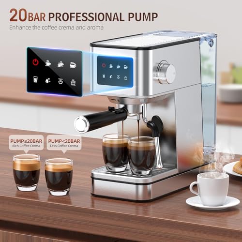 Espresso Machine with Milk Frother, 20 Bar Compact Coffee Machine with Touch Screen & 57.5oz Removable Water Tank for Home, Stainless Steel Espresso Maker for Cappuccino, Latte, Silver