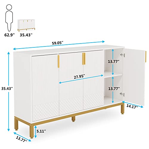 Tribesigns Luxury Buffet Cabinet with Storage, 59 Inch Kitchen Sideboard Cabinet with 4 Doors, Coffee Bar Storage Cabinet for Dining Room, Living Room, White and Gold