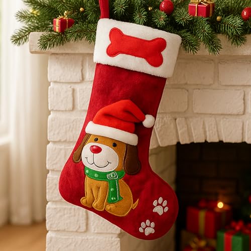 Christmas Stocking Dog Large Christmas Stockings for Dog Single Pet Christmas Stocking Embroidered Xmas Stocking Black Dog Stocking Christmas White Plush Gift Candy Bag for Home Fireplace Xmas Tree
