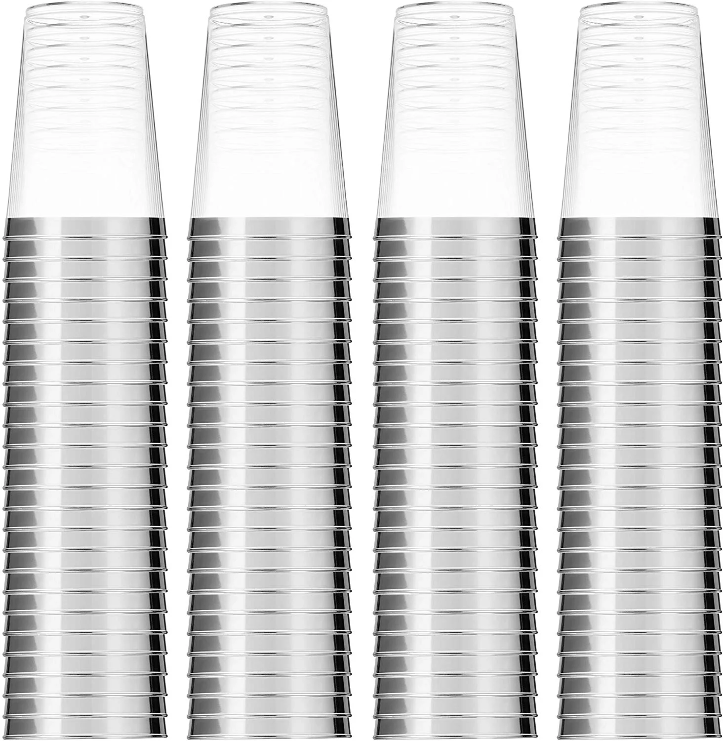 100 Silver Plastic Cups 14 Oz Clear Plastic Cups Tumblers Silver Rimmed Cups Fancy Disposable Wedding Cups Elegant Party Cups with Silver Rim