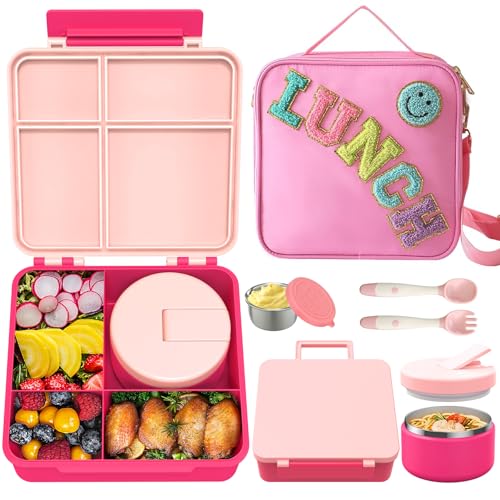 Kids Bento Lunch Box with 8oz Soup Thermo, Kids Leakproof Lunch Food Containers with 4 Compartment,Insulated Hot Food Jar with Lunch Bag for School, Trvael (Pink)