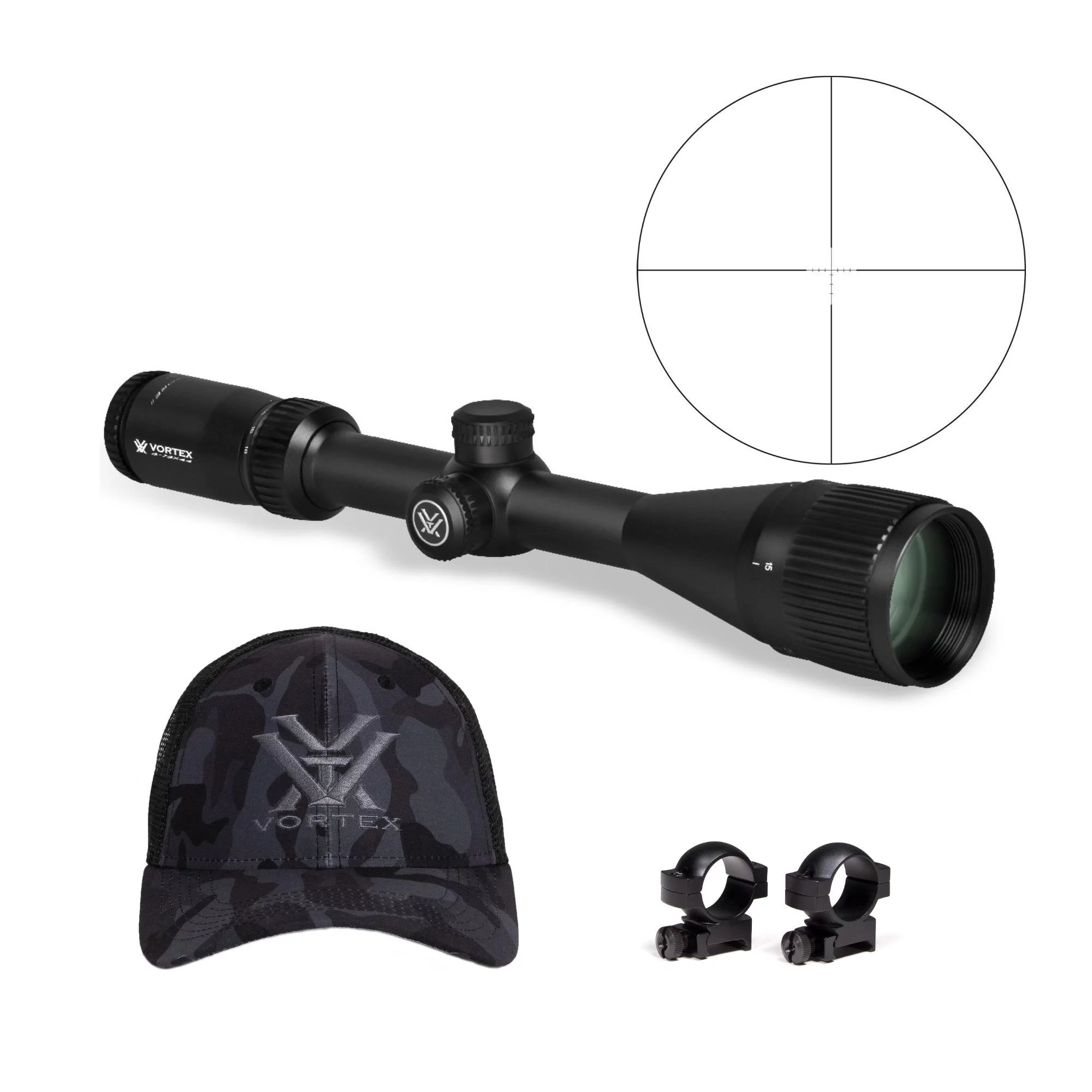 Vortex Crossfire II 6-18x44 AO Riflescope with 1-inch Scope Rings and Hat