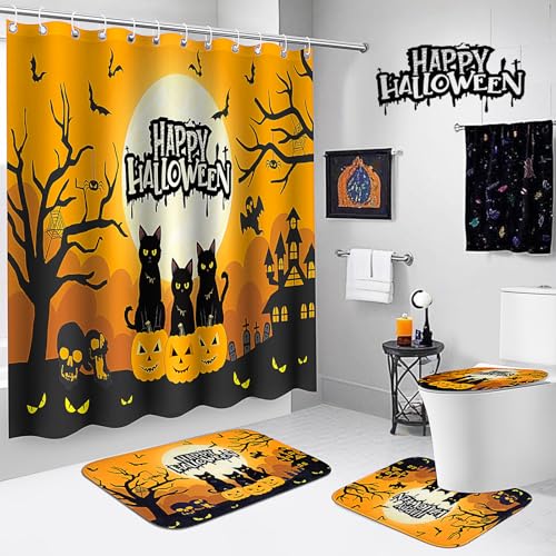 4Pcs Christmas Shower Curtain Set - Merry Christmas Bathroom Set Holiday Shower Curtain with Non-Slip Rugs, Toilet Lid Cover and Bath Mat