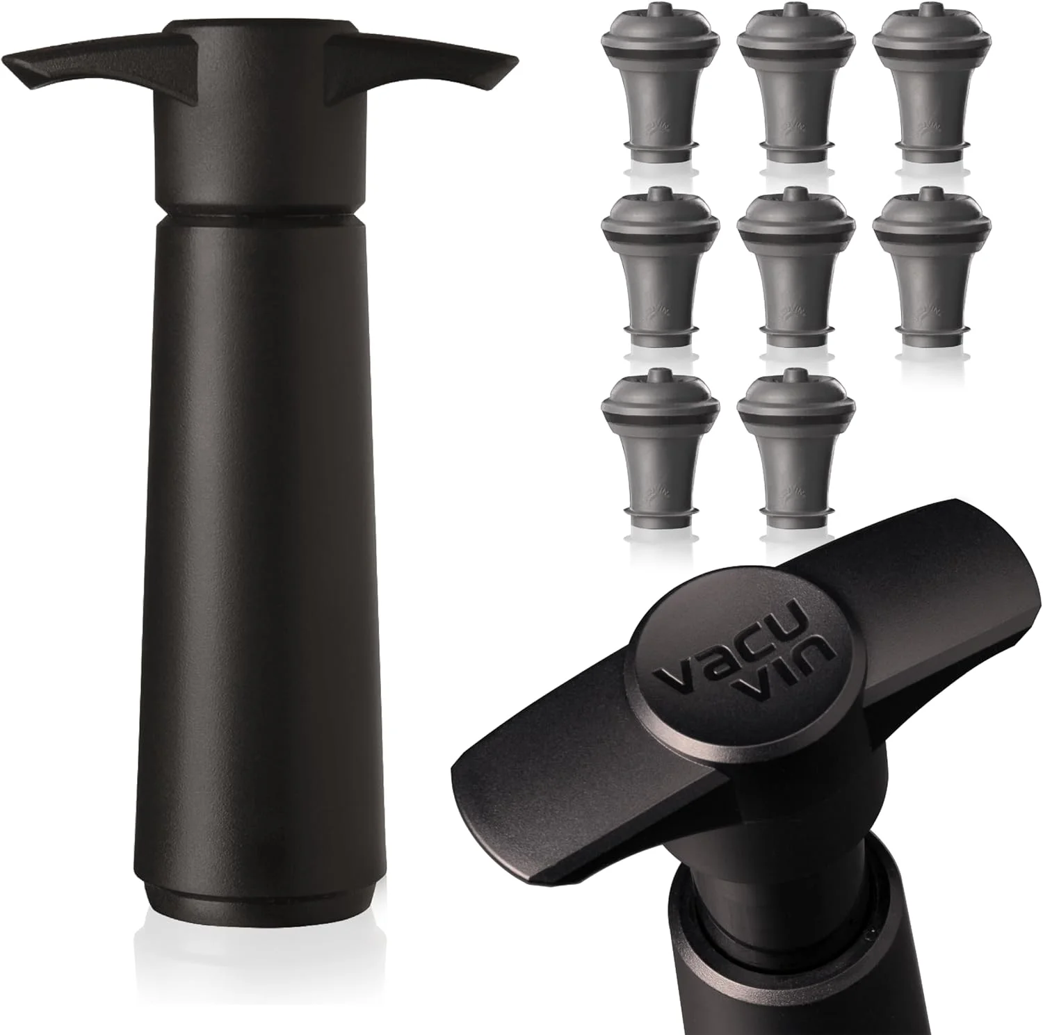 Vacu Vin Wine Saver Pump Black with Vacuum Wine Stopper - Keep Your Wine Fresh for up to 10 Days - 1 Pump 8 Stoppers - Reusable - Made in the Netherlands