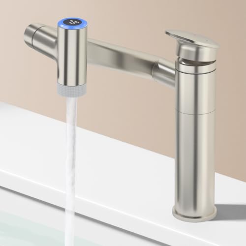 SINGSUO 1080°Rotatable Bathroom Vanity Faucet 1 Hole, Height Adjustable Single Handle Sink Faucet Bathroom with 2 Water Outlet Modes, Bar Sink Tap Single Hole with Temperature Display (Black)