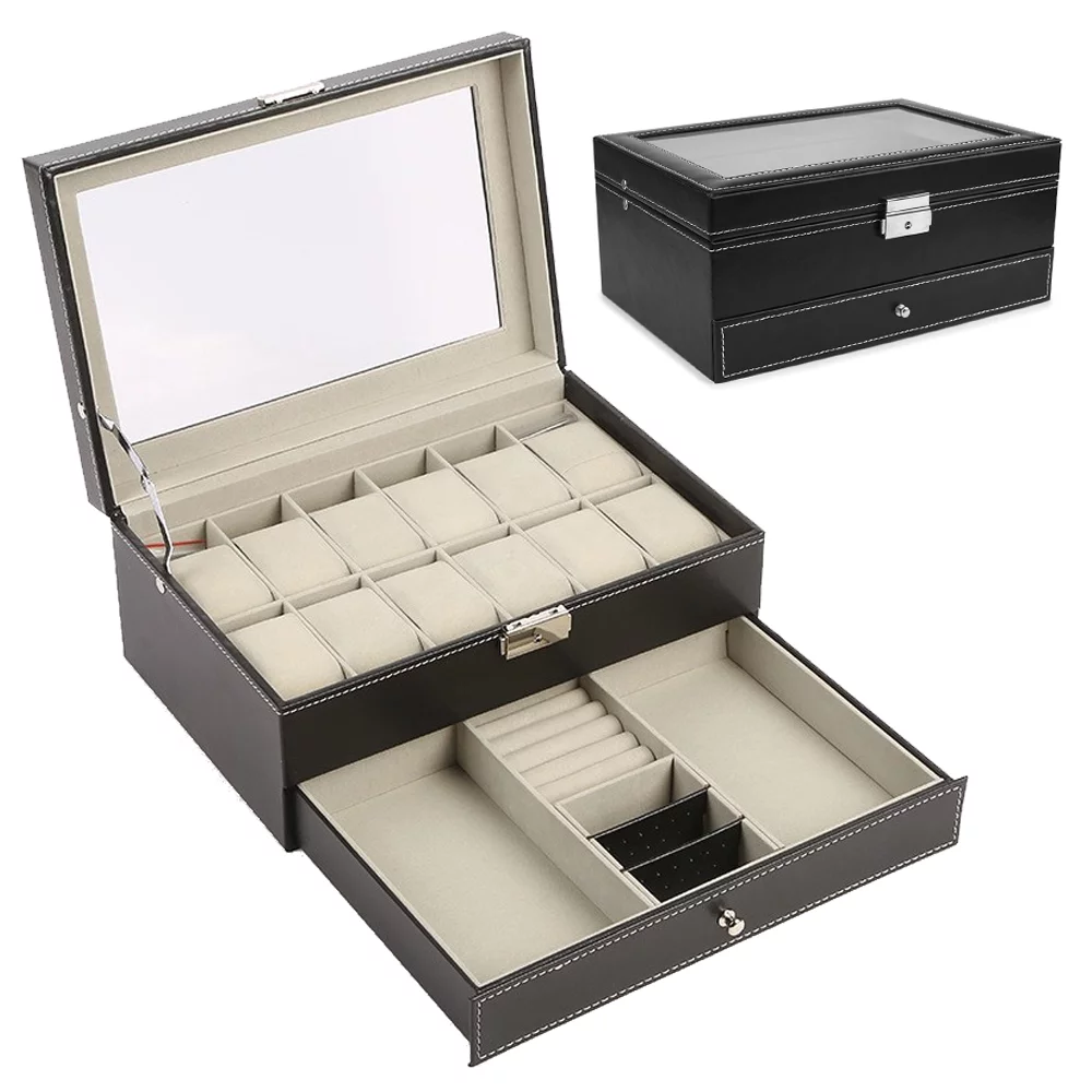 moobody Watch Box Jewelry Storage | Double Layer Organizer for Bracelets, Necklaces | 12,Slot Design