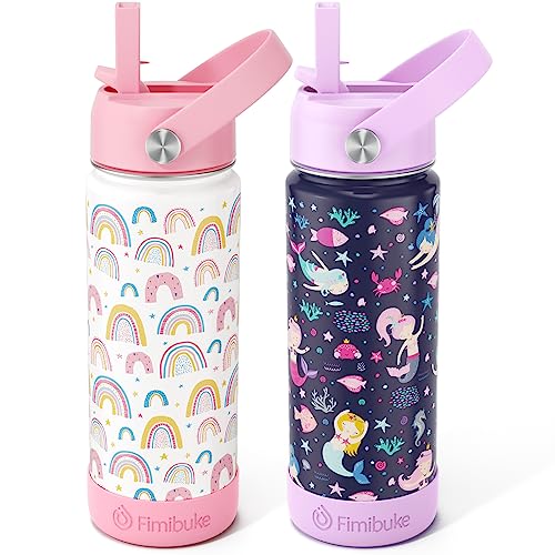 Fimibuke Kids Insulated Water Bottle, 18oz BPA FREE Kids Cups with Straw Double Wall Vacuum Tumbler 18/8 Stainless Steel Leak Proof Toddler Water Bottle for School Boys Girls (2 Pack, Ocean Life)