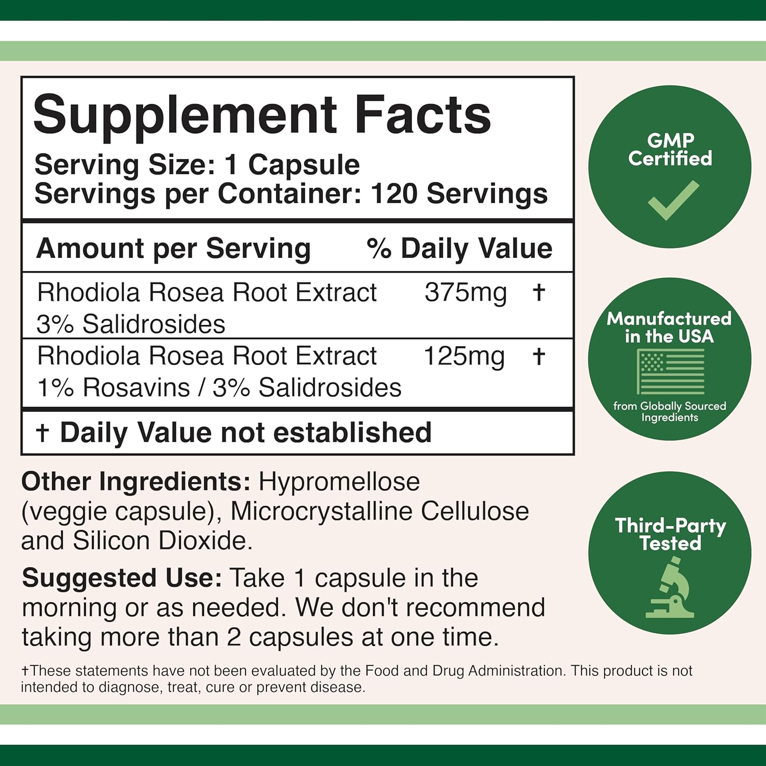 Rhodiola Rosea Supplement 500mg, 120 Vegan Capsules (Third Party Test, Gluten Free, 3% Salidrosides, 1% Rosavins Extract) for Performance, Calming, Motivation by Double Wood