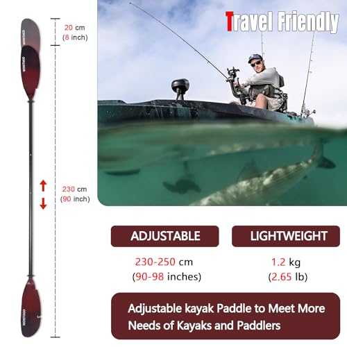 Angler Kayak Paddles Aluminum Paddle with Plastic Blades and Paddle Leash, Floating Adjustable Fishing Kayak Oars, 3 Piece, 230-250cm/90-98 inch