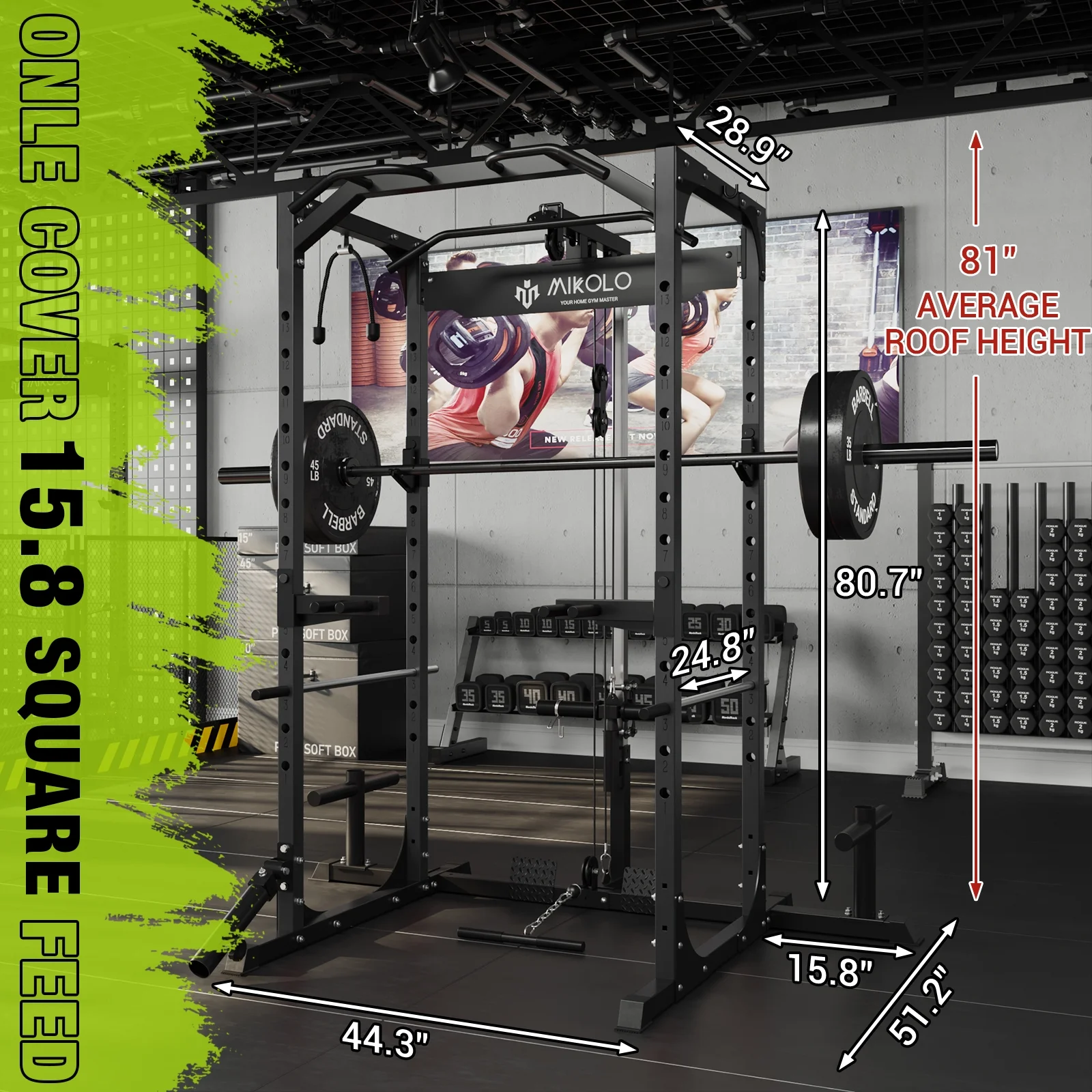 Mikolo Power Rack Cage with LAT Pulldown System,1200LBS Capacity Power Rack, Multi-Functional Squat Rack with 13-Level Adjustable Height and J-Hooks, Dip Bars, T-Bar, Squat Rack (Upgraded)