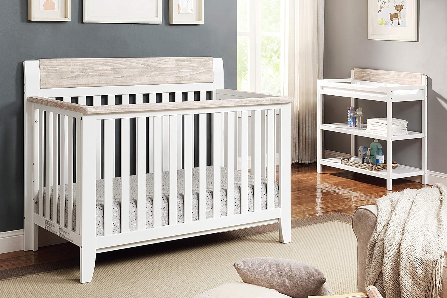 Suite Bebe Hayes 4 in 1 Convertible Crib, White and Wire Brushed Wood
