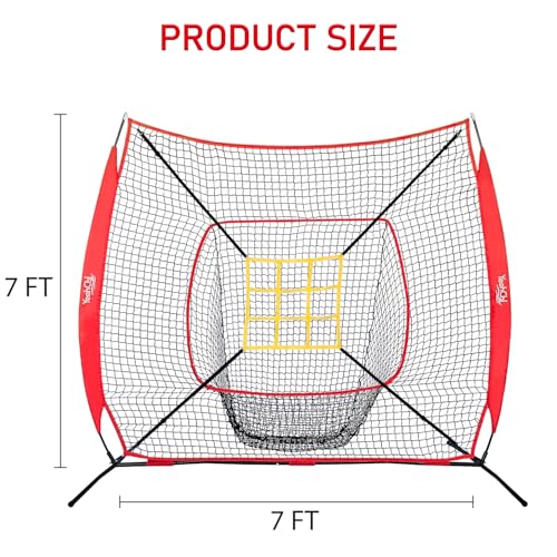 7×7FT Baseball net, Pitching net with Strike Zone Target, Baseball&Softball Practice net with Sturdy Bow Frame and Stable Base,Portable Practice net for All Ages and All Skilled Levels