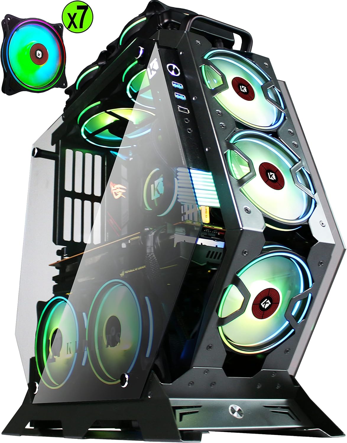 KEDIERS PC Case - ATX Tower Tempered Glass Gaming Computer Open Frame Case with 7 RGB Fans,C570