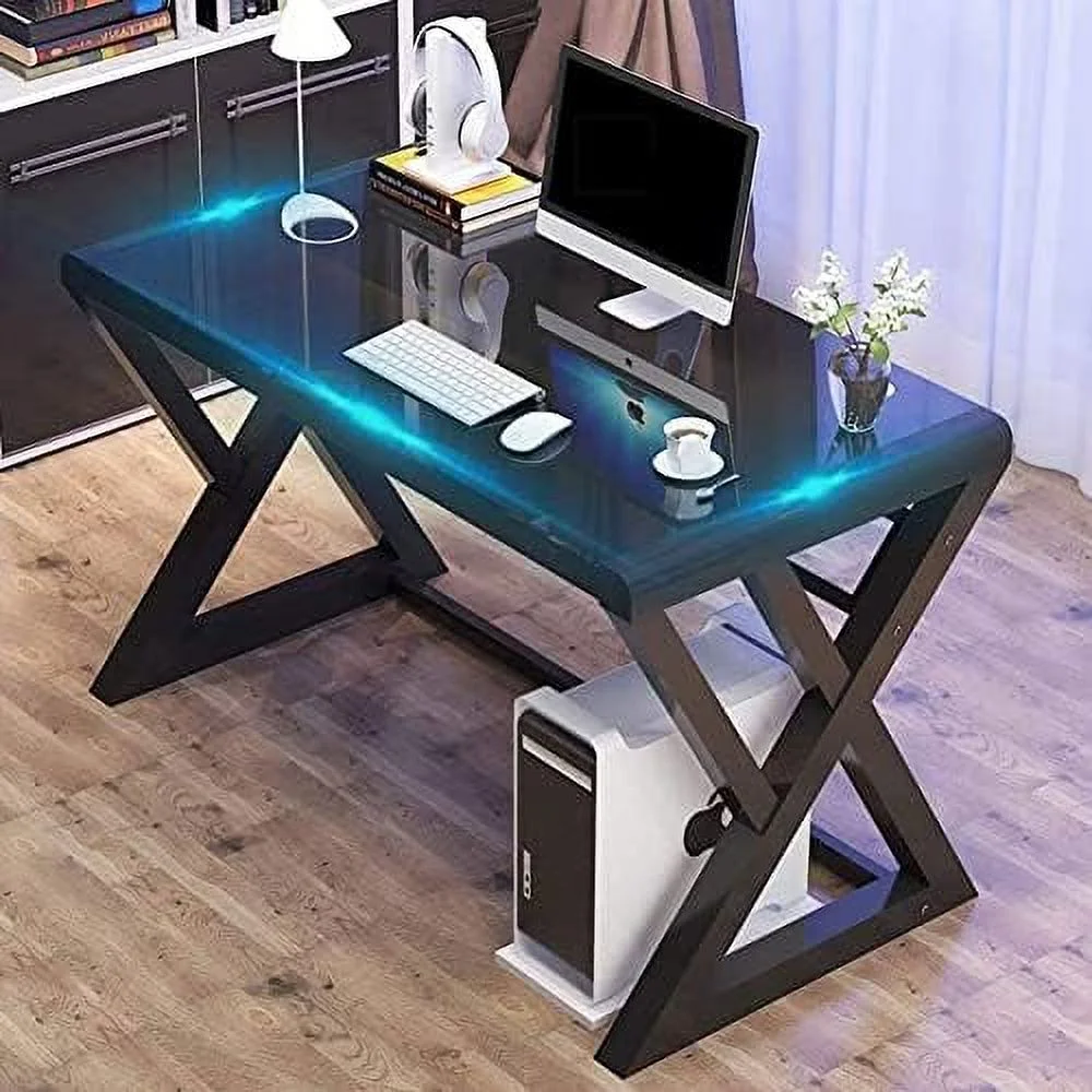 HJNIUNIU Computer Desk Glass Top Metal Frame  55.1" Home Office Desks & Workstations-  Office Writing Gaming Study Work Glass Computer Table Desk