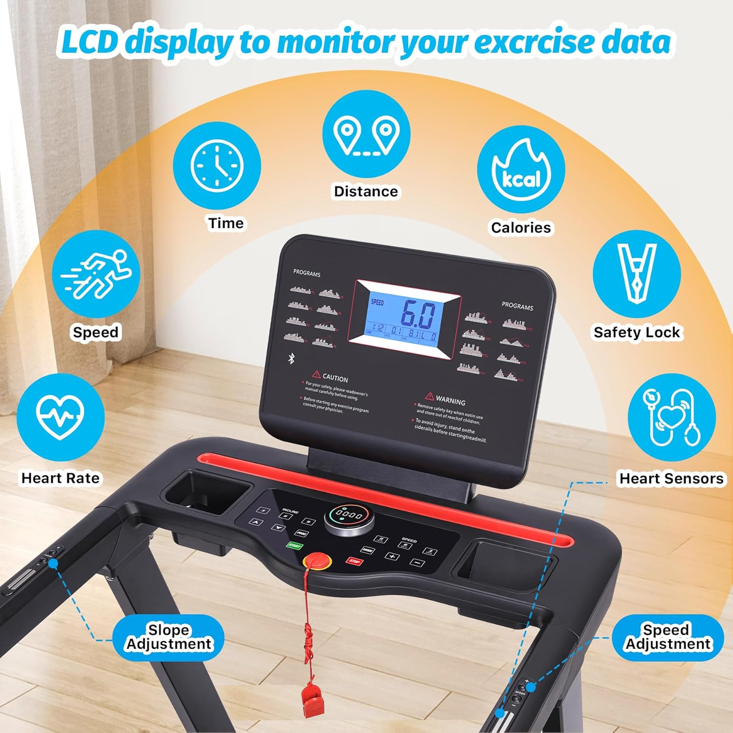 Treadmill with Auto Incline,Running Machine with Heart Sensor,3.5 HP Quiet Brushless,8.7 MPH, Shuttle Buttons,48*18in Running Area,Folding Treadmill for Home Office Indoor Cardio Exercise