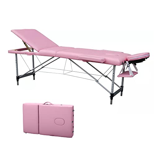 Massage Table Portable Massage Bed, 84in 3 Folding Aluminum Frame Lightweight Spa Beauty Bed Adjustable Salon Spa Bed (Pink)
