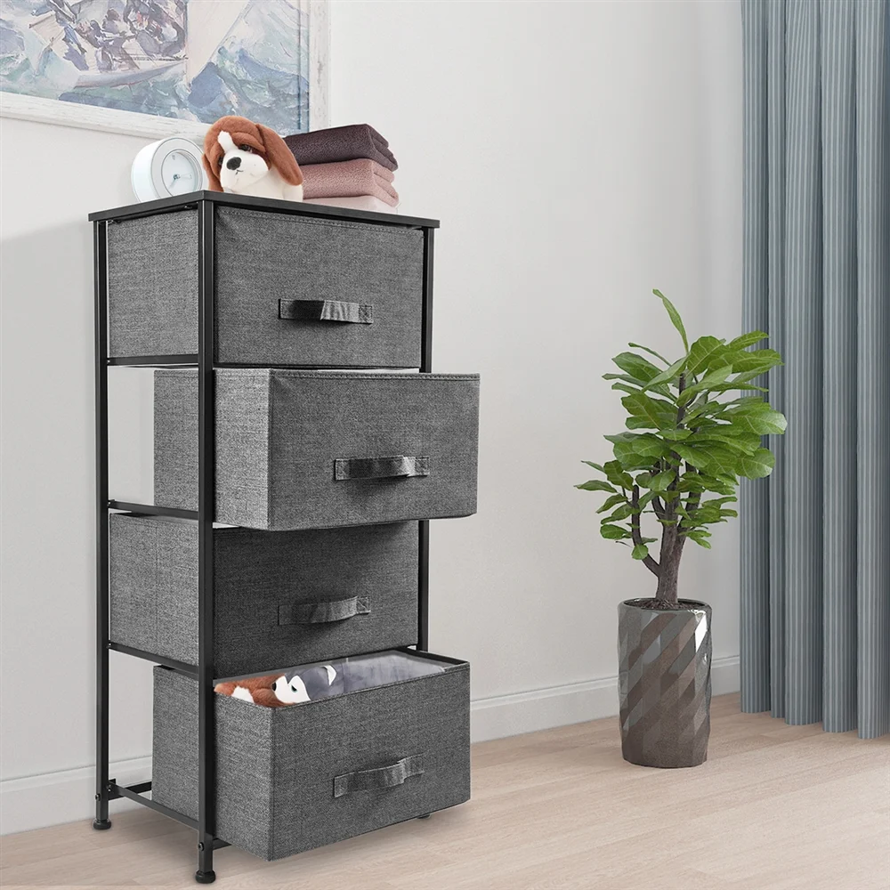 Bigroof Dresser Storage Organizer, Fabric Drawers Closet Shelves for Bedroom Bathroom Laundry Steel Frame Wood Top with Fabric Bins for Clothing Blankets Plush Toy (Dark Grey-4 Drawers)