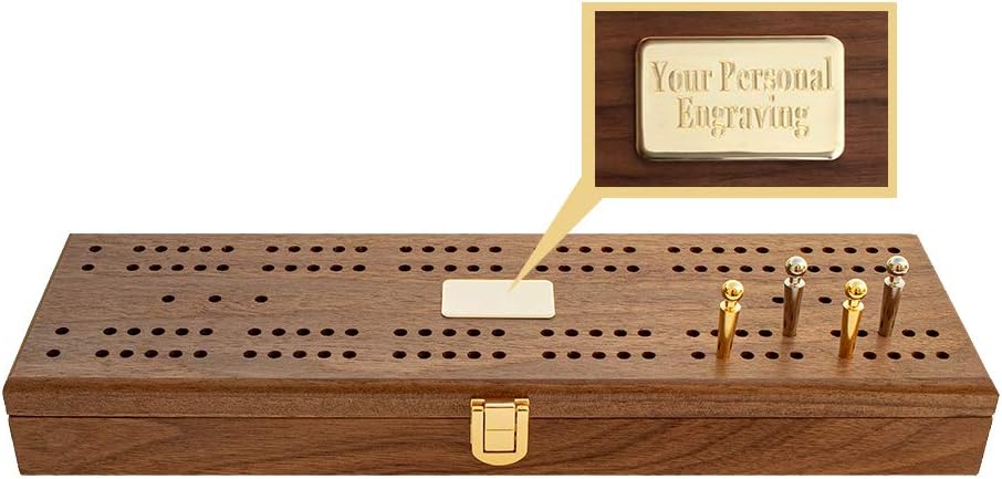 Le Club Luxury Domino Set with Handcrafted Walnut Case and Cribbage / Counter Top - Tournament Quality 28 Indestructible (Domino Set with Brass Plate)