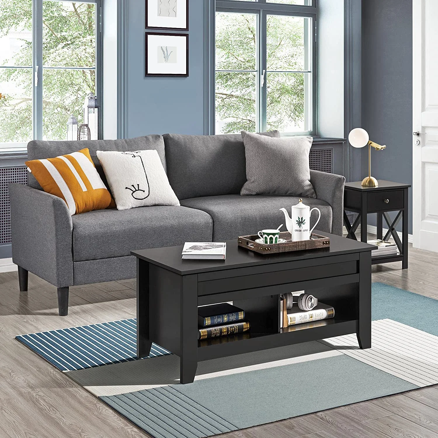 HJZBNONE Lift Top Coffee Table for Living Room with Hidden  Drawers  Wood Center Table for Reception Room Office Small Space   Black