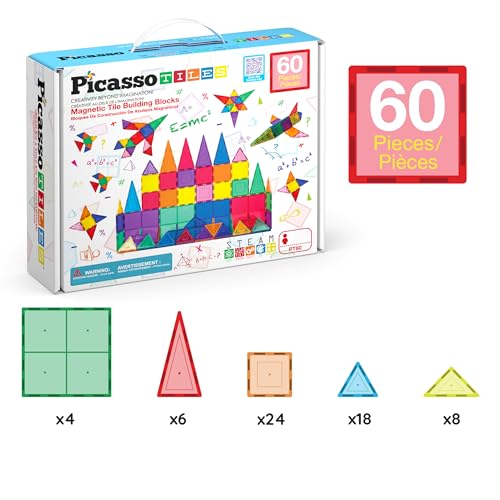 PicassoTiles 60 Piece Set 60pcs Magnet Building Tiles Clear Magnetic 3D Blocks Construction Playboards - Creativity beyond Imagination, Inspirational, Recreational, Educational, Conventional