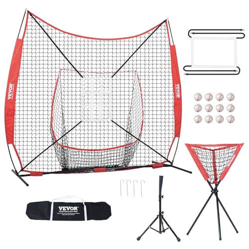 VEVOR Softball Practice Net, Portable Baseball Training Net for Hitting, Batting, Catching, Pitching - Backstop Equipment with Bow Frame, Carry Bag, Strike Zone, Batting Tee