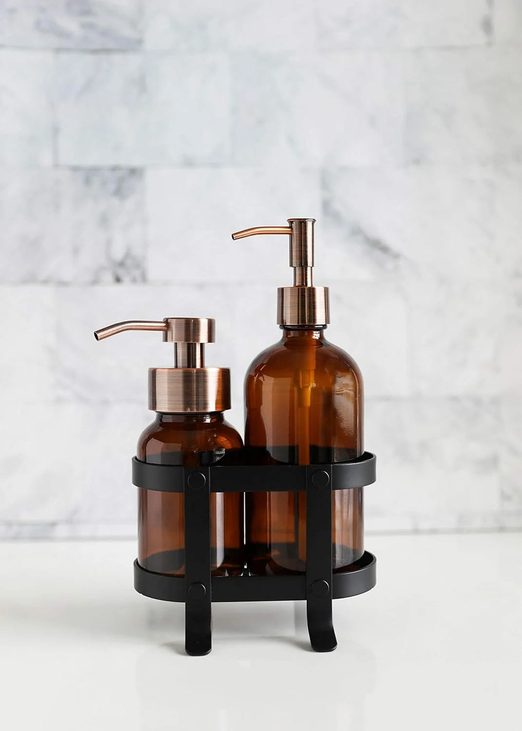 Foaming + Non-Foaming Amber Glass Soap Dispenser Set With Caddy Stand, 8.5Oz/16Oz (Copper)