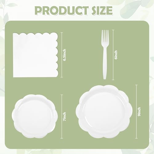 400 Pcs Ivory Paper Plates and Napkins Set Party Supplies, Tableware set for 50 Guest include Disposable Ivory Scalloped Plates Napkins Knives Forks Spoons Cups for Baby Shower Bridal Shower Wedding