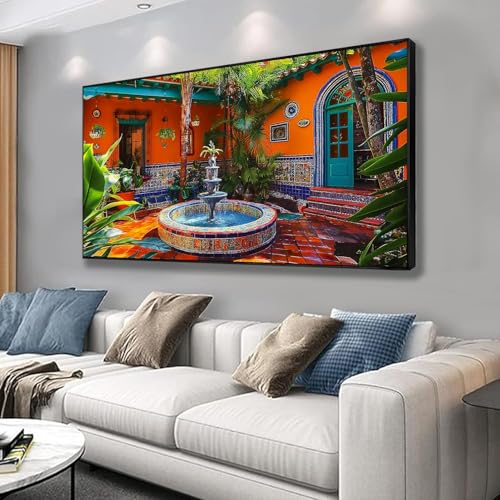 Mexican Village Wall Art,Colorful Wall Art,Mexican Canvas Wall Art,Mexican Wall Art,Large Abstract Wall Art,Large Wall Art for Living Room,Office,Entryway,Bedroom (Gold Metal Framed, 36