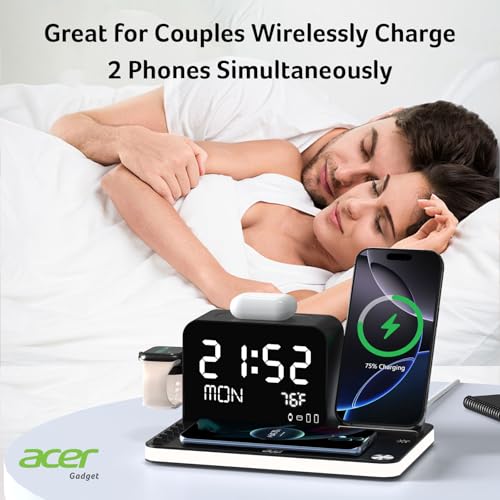 acer 7-in-1 Wireless Charging Station with Adjustable Brightness Night Light, Compatible with iPhone 16/15/14/13/12 All Series, Android Phones, AirPods, and iWatch, Fast Charger with Time Display