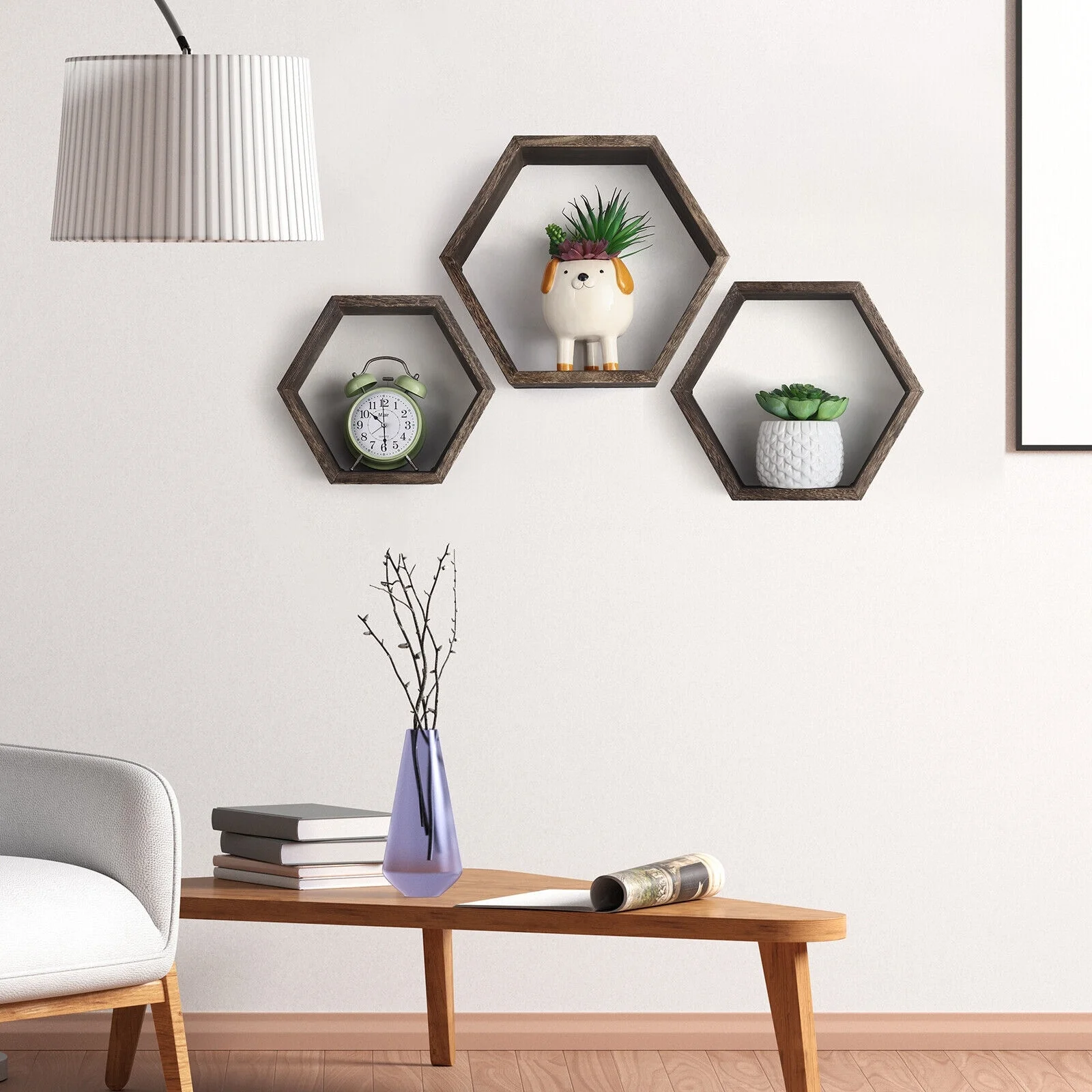 Set of 3 Wooden Hexagon Rustic Floating Shelves Shelves in Black Black