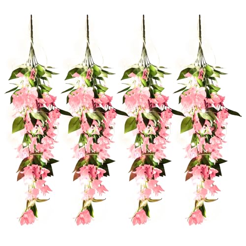RECUTMS 4 Pack Artificial Hanging Plants Indoor Fake Vine Plants Bougainvillea with Light Strings Silk Flowers for Outside Plastic Plant Faux Flower Real Touch Decor for Fall Halloween (Black)