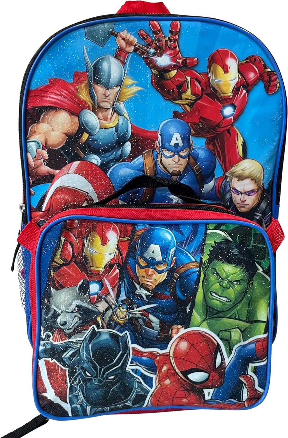 Marvel Avengers 15 Inch Kids Backpack With Removable Lunch Box Set (Red-Blue)