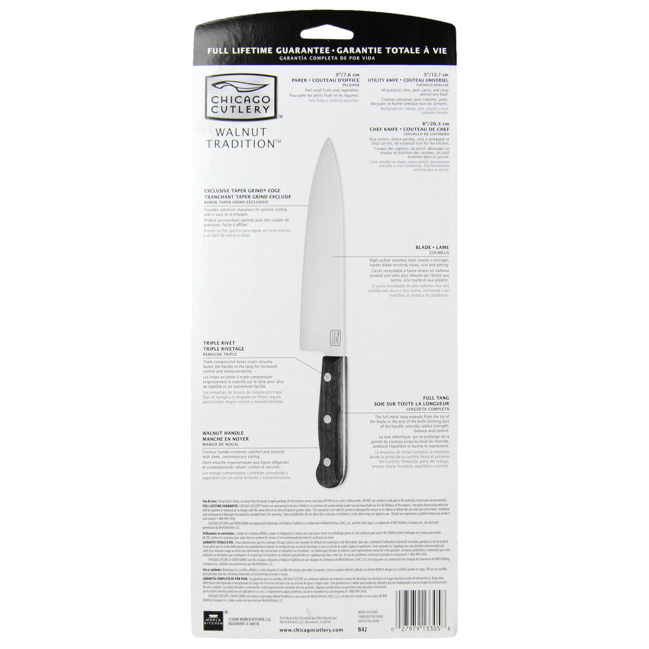 Chicago Cutlery B42 Walnut Tradition 3-Piece Parer, Utility and Chef Knife Set