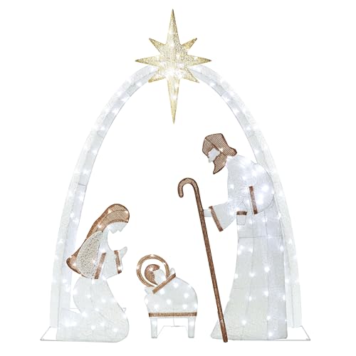 Lighted Nativity Scene Set for Christmas Decoration, 5FT Pre-Lit Iridescent Nativity Scene Xmas Decor with 150 LED Lights, 3D Glittered Standing Holiday Display for Outdoor, Indoor, Gold