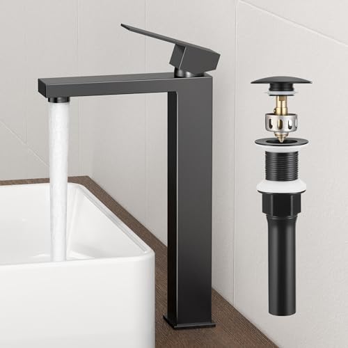 KES Vessel Sink Faucet, Black Bathroom Faucets, Tall Bathroom Faucets with Sink Drain with Overflow, L3156BLFF12-BK-C1