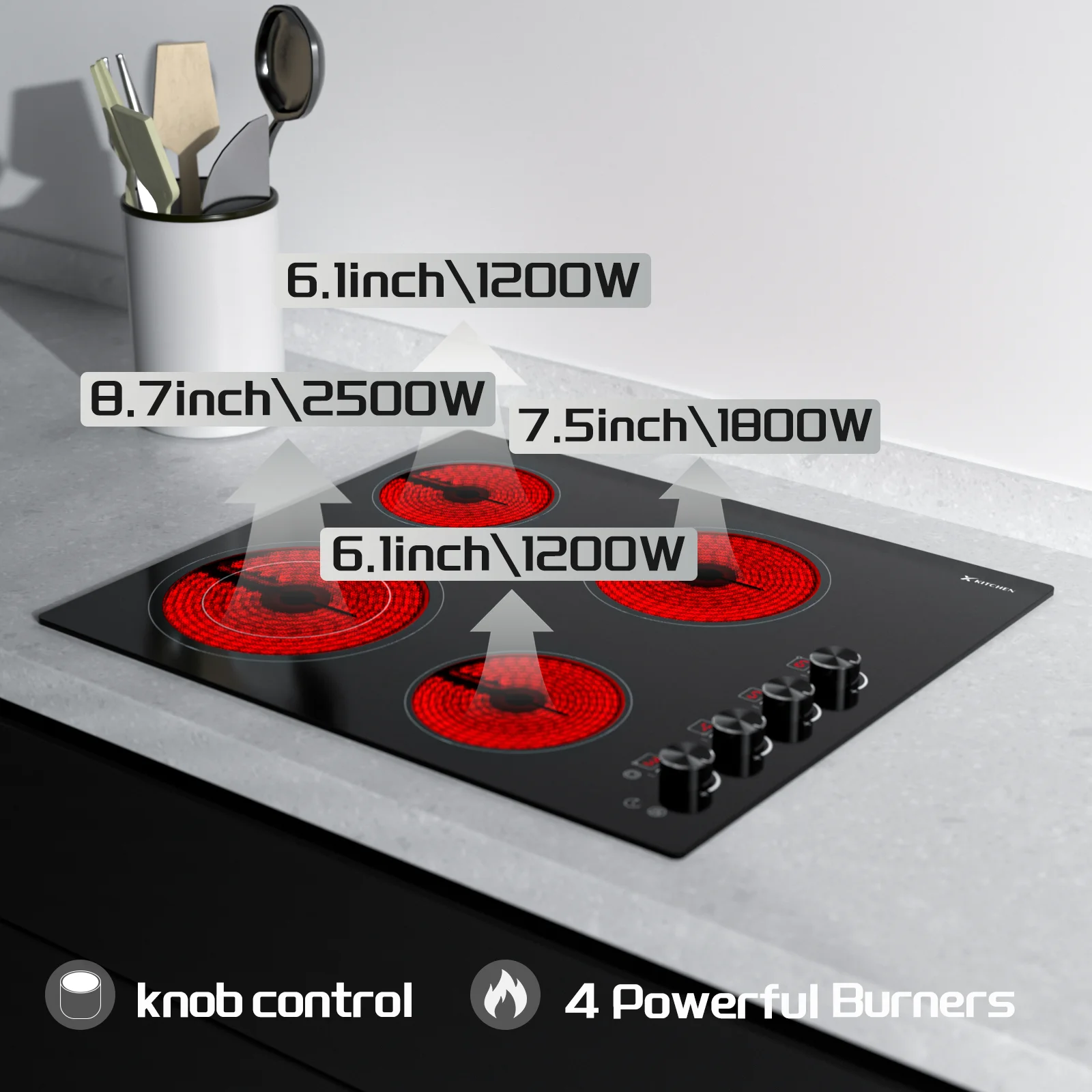 IsEasy Electric Cooktop 24 Inch, 4 Burners 220-240V 7500W with Knobs, 9 Heating Levels, Timer, Child Lock, Hard Wired, No Plug