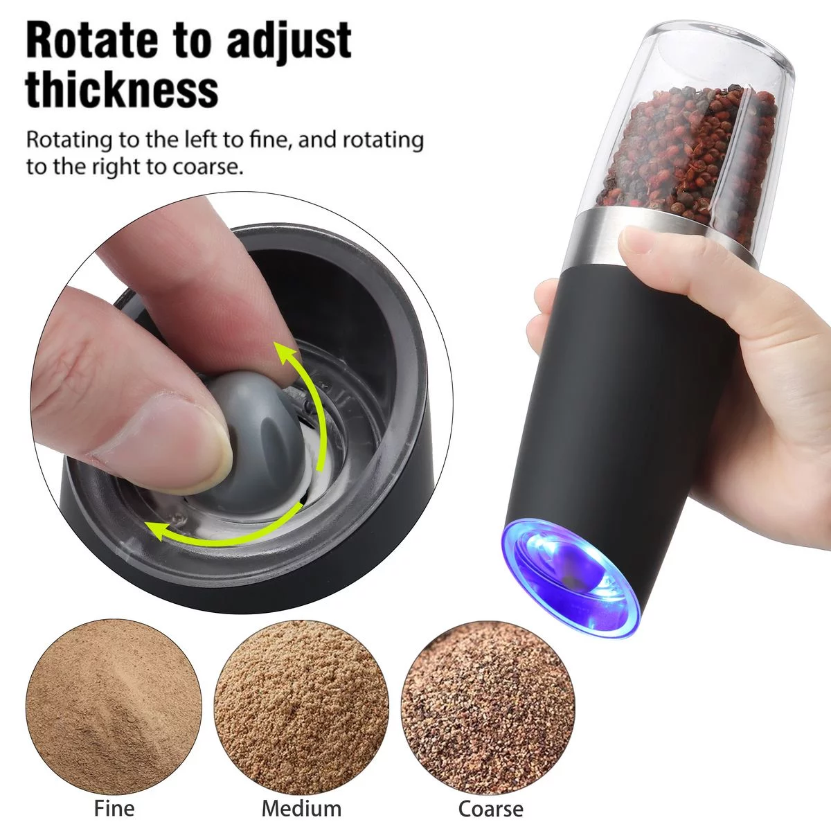 Deago 2 Pack Electric Gravity Salt and Pepper Grinder Set with Adjustable Coarseness Automatic Pepper and Salt Mill Grinder Battery Powered with LED Light