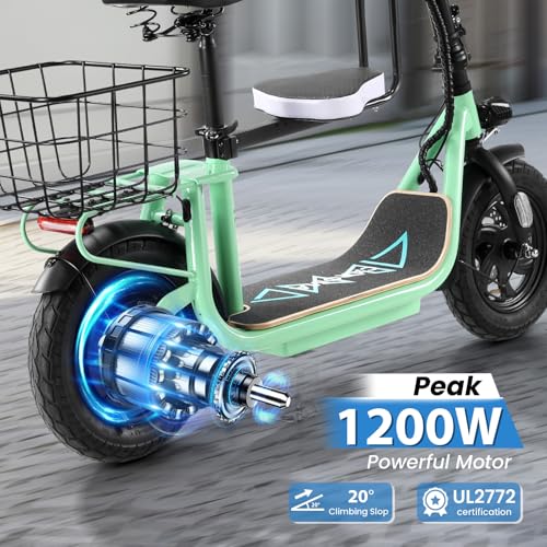 Caroma Peak 500W/800W/1200W Electric Scooter with Seat, 30 Miles Max Range Electric Scooter Adults&Teens, 48V Large Battery, 20MPH Top Speed Foldable Ebike, Adjustable E-Bike with Basket&Kid Seat