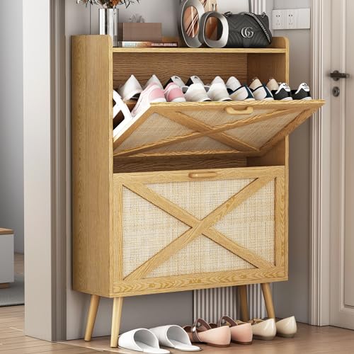 Shoe Cabinet Storage for Entryway, Rattan Shoe Cabinet with 2 Flip Drawers Hidden Shoe Rack Natural Freestanding Shoe Storage Cabinet Organizer for Entrance Living Room Hallway