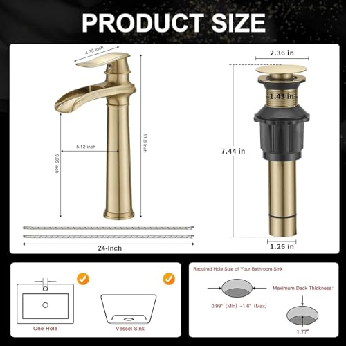 Bathroom Vessel Sink Faucet, Waterfall Oil Rubbed Bronze Bathroom Faucet, Vessel Faucet, Tall Body 1 Hole Single Handle with Pop Up Drain Combo Vanity Mixer Tap Basin Bowl Sink