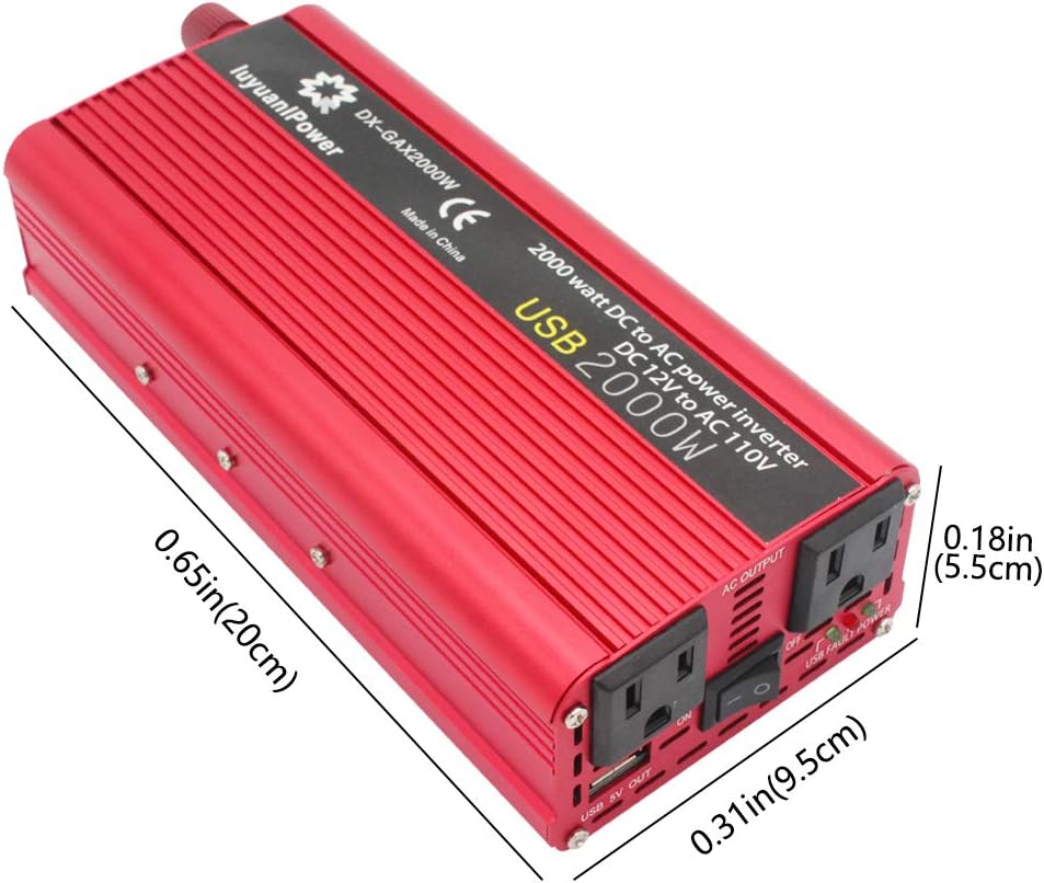 LVYUAN Power Inverter 1200W/2000W(Peak) DC to AC 12V to 110V Car Inverter DC 12V Inverter with 3.1A USB Car Adapter with Battery Clips
