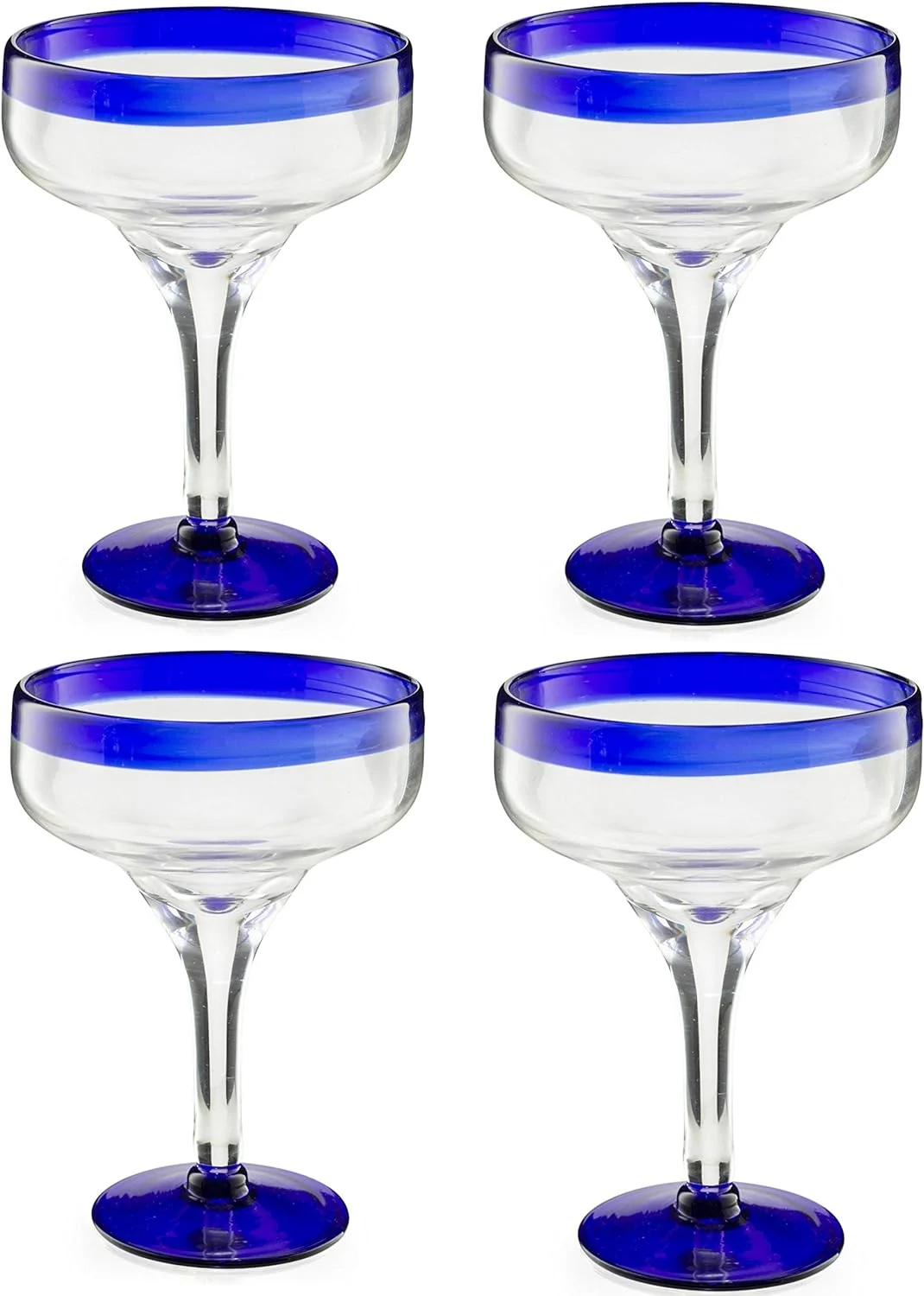 TWS Mexican Hand Blown 16oz Glasses, Set of 4, Cobalt Blue Rim, Margarita & Cocktail - The Wine Savant, Dishwasher Safe