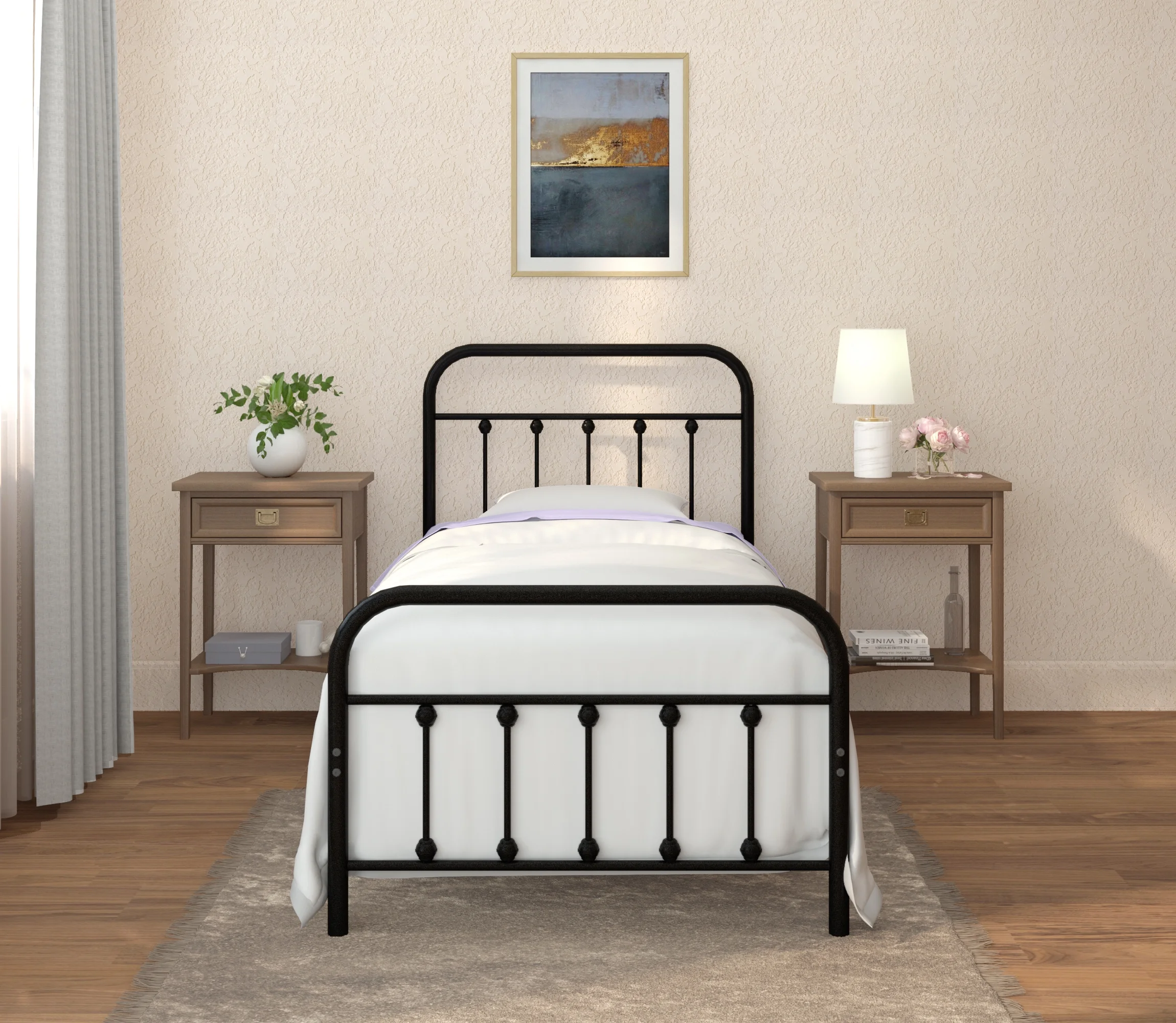 CastleBeds Vintage Twin Metal Bed Frame with Headboard and Footboard – Platform | Wrought Iron | Heavy Duty | Solid Sturdy Metal Slat | Black | No Box Spring Needed | Mattress Foundation | AMBEE21
