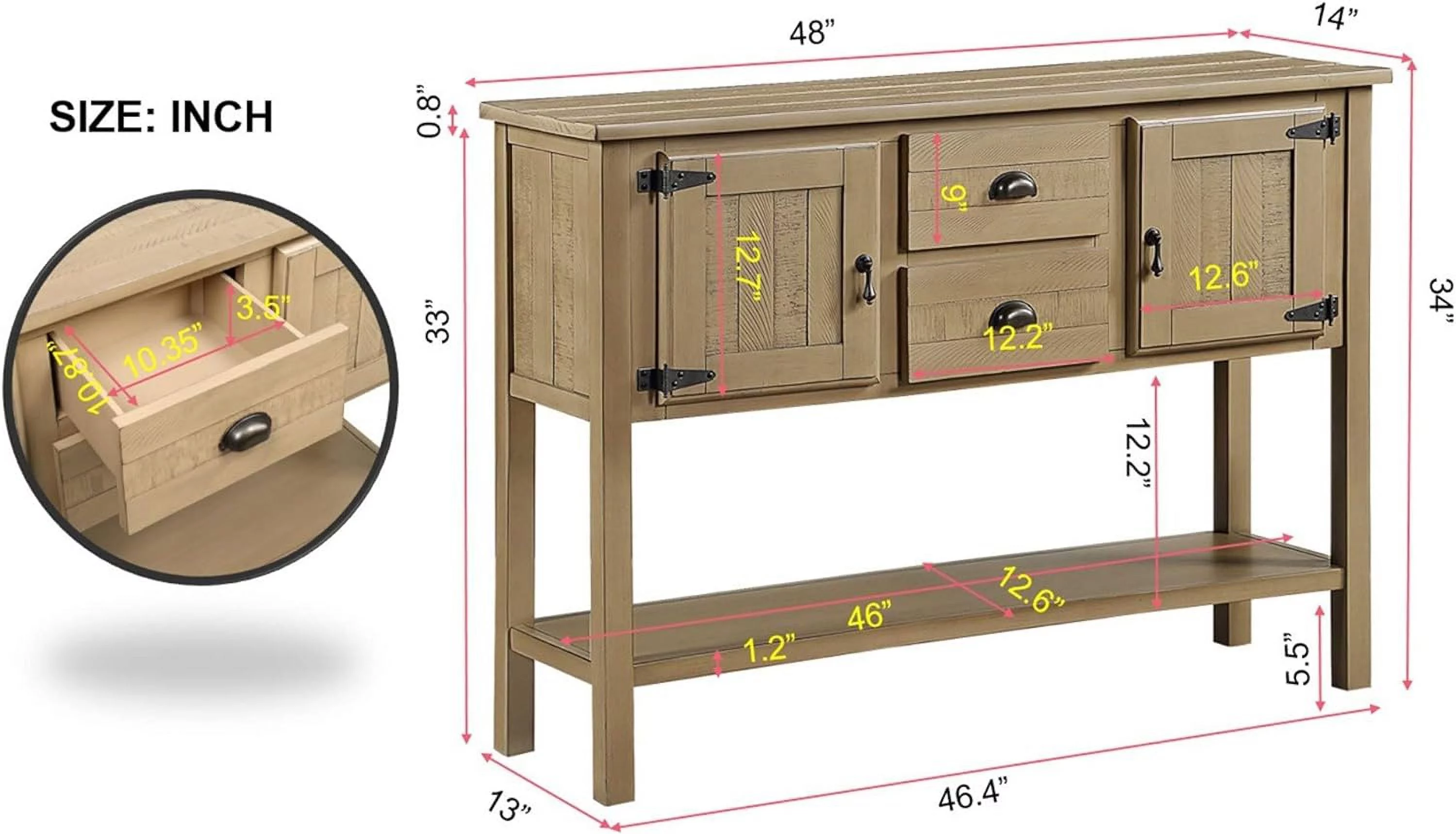 48 Inch Console Table With 2 Drawers And Cabinets And Bottom Shelf, Style Solid Wood Sideboard Storage Dining Buffet Server Cabinet For Living Room Kitchen Dining Room(Rustic)