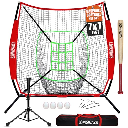 7'x7' Portable Baseball Net Set - Batting, Hitting & Pitching Practice Net with Tee, Bat, Balls, Strike Zone, Carrying Bag, for All Skills